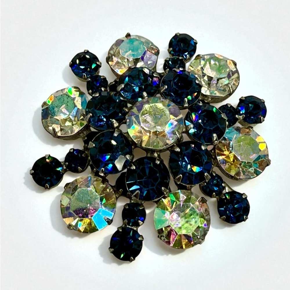 Vintage Aurora Borealis & Sapphire Blue Rhinestone Brooch – Layered Domed Design